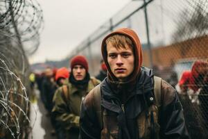 Immigration to Germany young men standing at the border fence photo