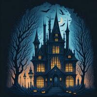 Fantastic black castle. Halloween scene horror background with spooky pumpkins of spooky mansion with halloween bats. Evil house at night. photo