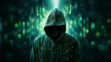 Computer hacker in mask and hoodie over abstract binary background. Obscured dark face. Data theft, internet fraud, darknet and cyber security. ai generative photo