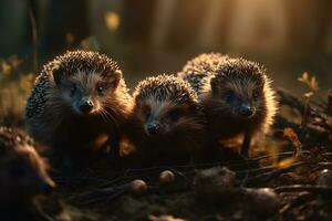 Family of hedgehogs on the background of wild nature. ai generative photo