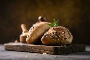 Fresh homemade bread whole wheat baguette on napkin and abstract table. Sourdough bread photo