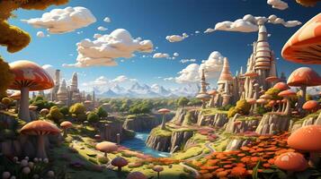 a fantasy landscape with mushrooms and trees. photo