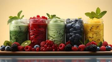 a group of colorful smoothies in bowls on a table. photo