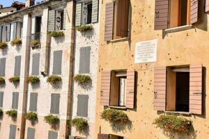 a row of buildings with windows and flowers on the side photo