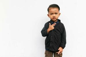 A toddler boy standing while looks at the camera with confidence, isolated on white background photo