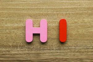 Wooden letters is forming one word Hi. photo