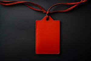 Red empty price tag on black or dark background. Black Friday concept, template copyspace photo