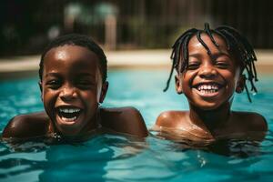 negro niños piscina. generar ai foto