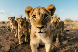 Lions group nature savannah. Generate Ai photo