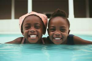 negro niños piscina. generar ai foto