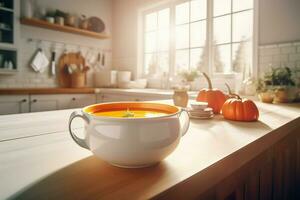 Pumpkin soup modern kitchen. Generate Ai photo