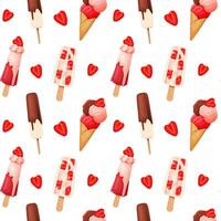 Assorted ice cream with strawberries seamless pattern. vector