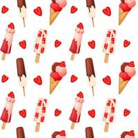 Assorted ice cream with strawberries seamless pattern. vector