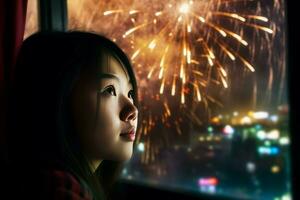 China baby fireworks night. Generate Ai photo