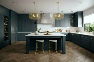 Blue kitchen island modern. Generate Ai photo