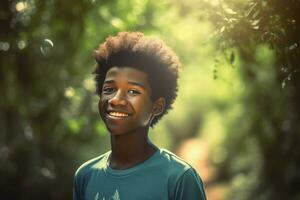 Afro american boy near trees. Generate Ai photo