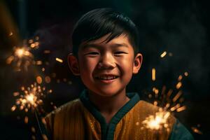 Chinese boy fireworks holiday. Generate Ai photo