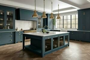 Blue kitchen island. Generate Ai photo