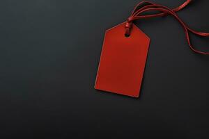 Red empty price tag on black or dark background. Black Friday concept, template copyspace photo