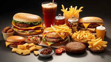 rápido comida y bebidas en un mesa con un hamburguesa, papas fritas, pollo, y soda. ai generado foto