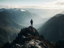 A scenic mountain landscape with a hiker standing on a rocky peak generative ai photo
