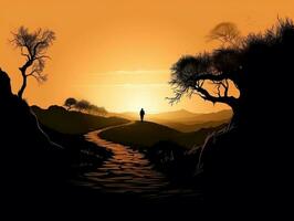 A silhouette of a person walking along a winding road generative ai photo