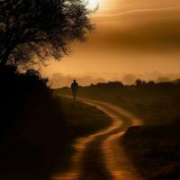 un silueta de un persona caminando a lo largo un devanado la carretera generativo ai foto