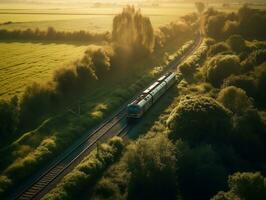 un aéreo ver de un tren paso mediante un lozano campo generativo ai foto