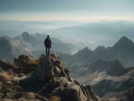 A scenic mountain landscape with a hiker standing on a rocky peak generative ai photo