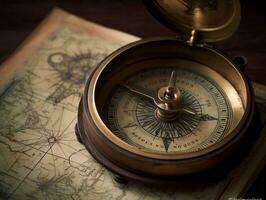 A close-up shot of a compass on a vintage map generative ai photo