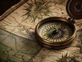 A close-up shot of a compass on a vintage map generative ai photo