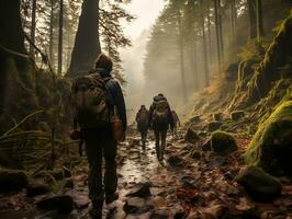 A group of diverse friends hiking through a dense forest generative ai photo