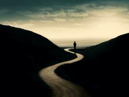 A silhouette of a person walking along a winding road generative ai photo