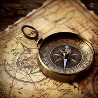 A close-up shot of a compass on a vintage map generative ai photo