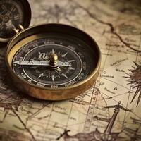 A close-up shot of a compass on a vintage map generative ai photo