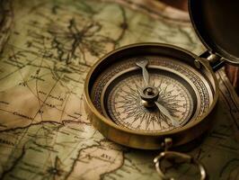 A close-up shot of a compass on a vintage map generative ai photo