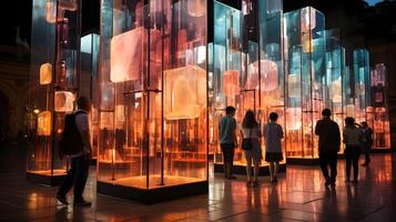 people walk through a room with illuminated glass cubes. AI Generated photo