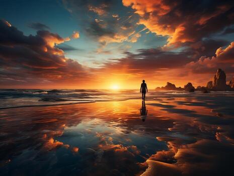 A vibrant sunset over a tranquil beach, where a lone figure walks along the shoreline generative ai photo