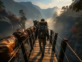 A backpacker crossing a rickety suspension bridge over a deep canyon generative ai photo