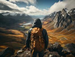 A backpacker taking a break and enjoying the view from a mountaintop generative ai photo