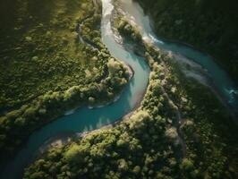 un aéreo ver de un devanado río corte mediante un denso bosque generativo ai foto