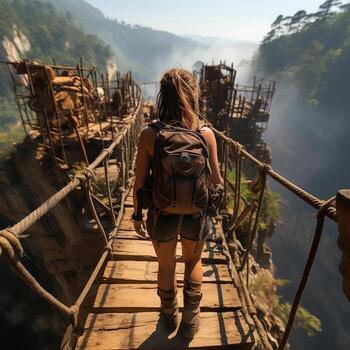 A backpacker crossing a rickety suspension bridge over a deep canyon generative ai photo