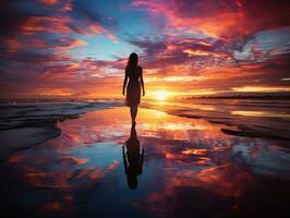 un vibrante puesta de sol terminado un tranquilo playa, dónde un solitario figura camina a lo largo el orilla generativo ai foto