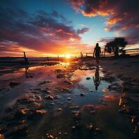 A vibrant sunset over a tranquil beach, where a lone figure walks along the shoreline generative ai photo