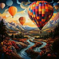 A hot air balloon floating over a patchwork of colorful fields generative ai photo