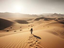 A panoramic shot of a vast desert landscape with a lone traveler trekking through the sand generative ai photo