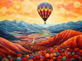 A hot air balloon floating over a patchwork of colorful fields generative ai photo