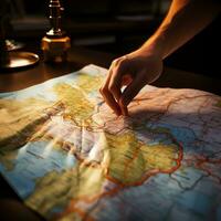 A close-up of a hand holding a map with a highlighted route generative ai photo