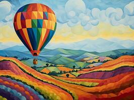 A hot air balloon floating over a patchwork of colorful fields generative ai photo