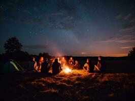 un grupo de amigos sentado alrededor un hoguera debajo un estrellado cielo generativo ai foto